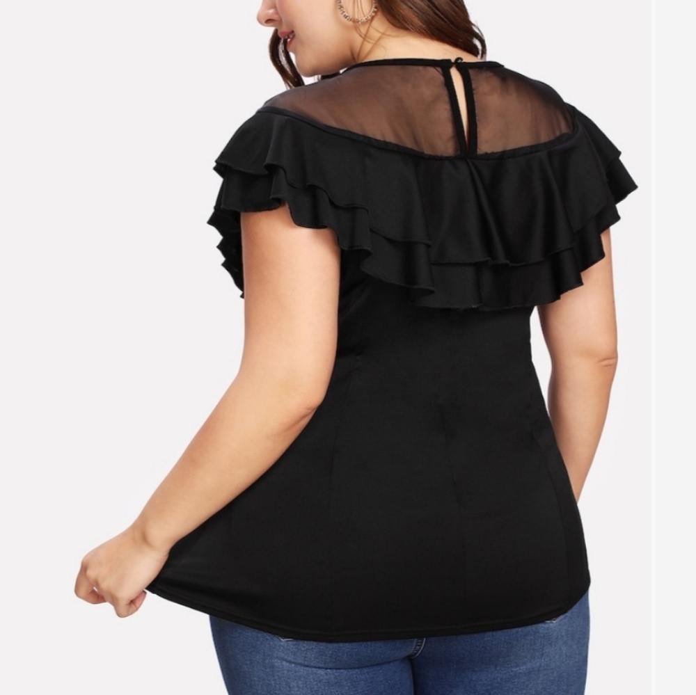 #10206-5 Women’s Plus Mesh Panel Tiered Trim Tee,size 3XL,Black - Picture 2 of 8